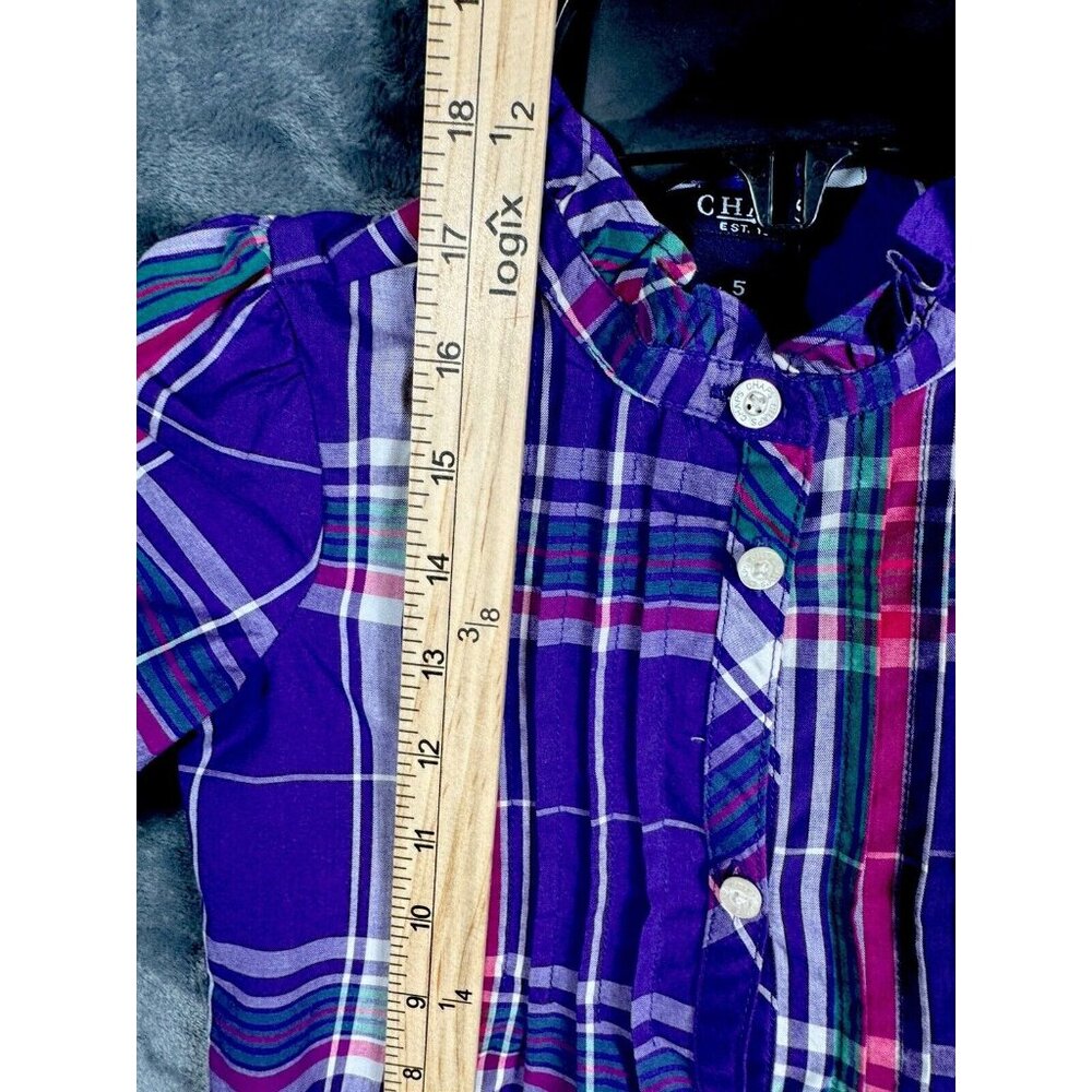 Chaps Little Girl’s Sz 5 Top Short Sleeve Pur/Strip Plaid Ruffled Collar Pleated - Picture 10 of 12